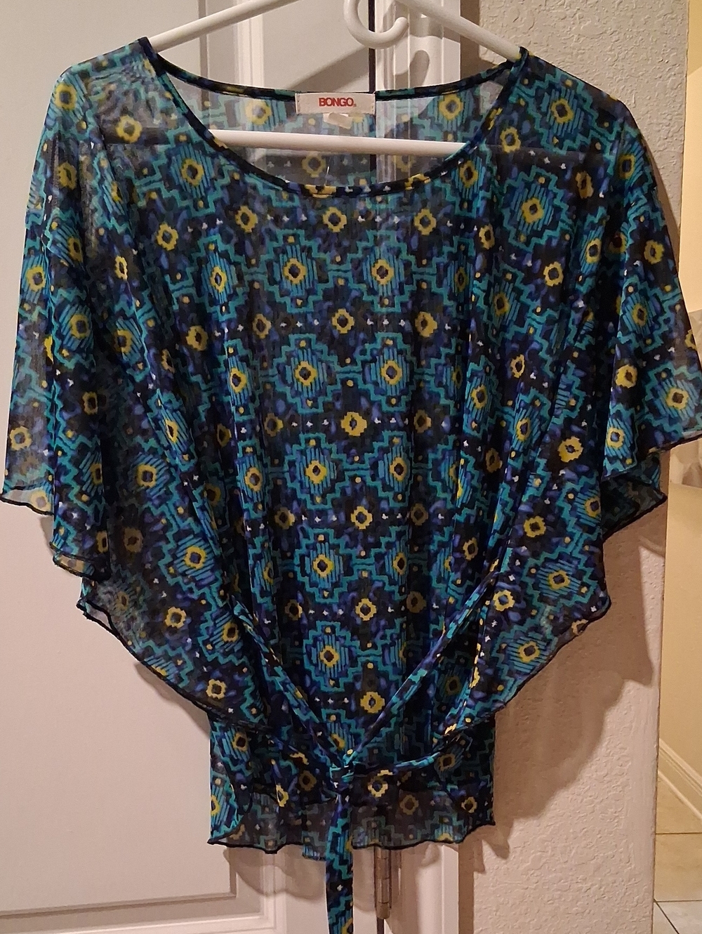 BONGO Teal and Yellow Geometric Sheer Tie-Front Blouse